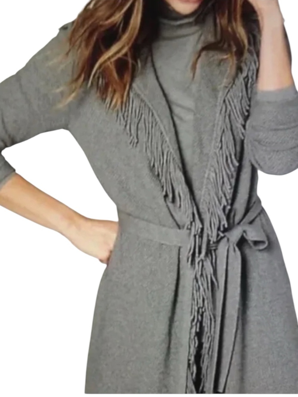 J. JILL Gray Fringe Open Front Belted Cardigan in Gray Size Small — SO ON TREND!